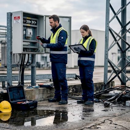 Des techniciens procèdent à l’examen des dommages causés par la foudre sur un site industriel.