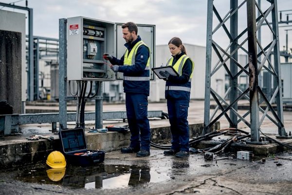 Des techniciens procèdent à l’examen des dommages causés par la foudre sur un site industriel.