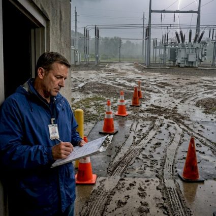Facility manager outside substation during lightning storm