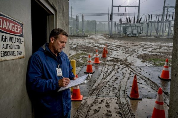 Facility manager outside substation during lightning storm