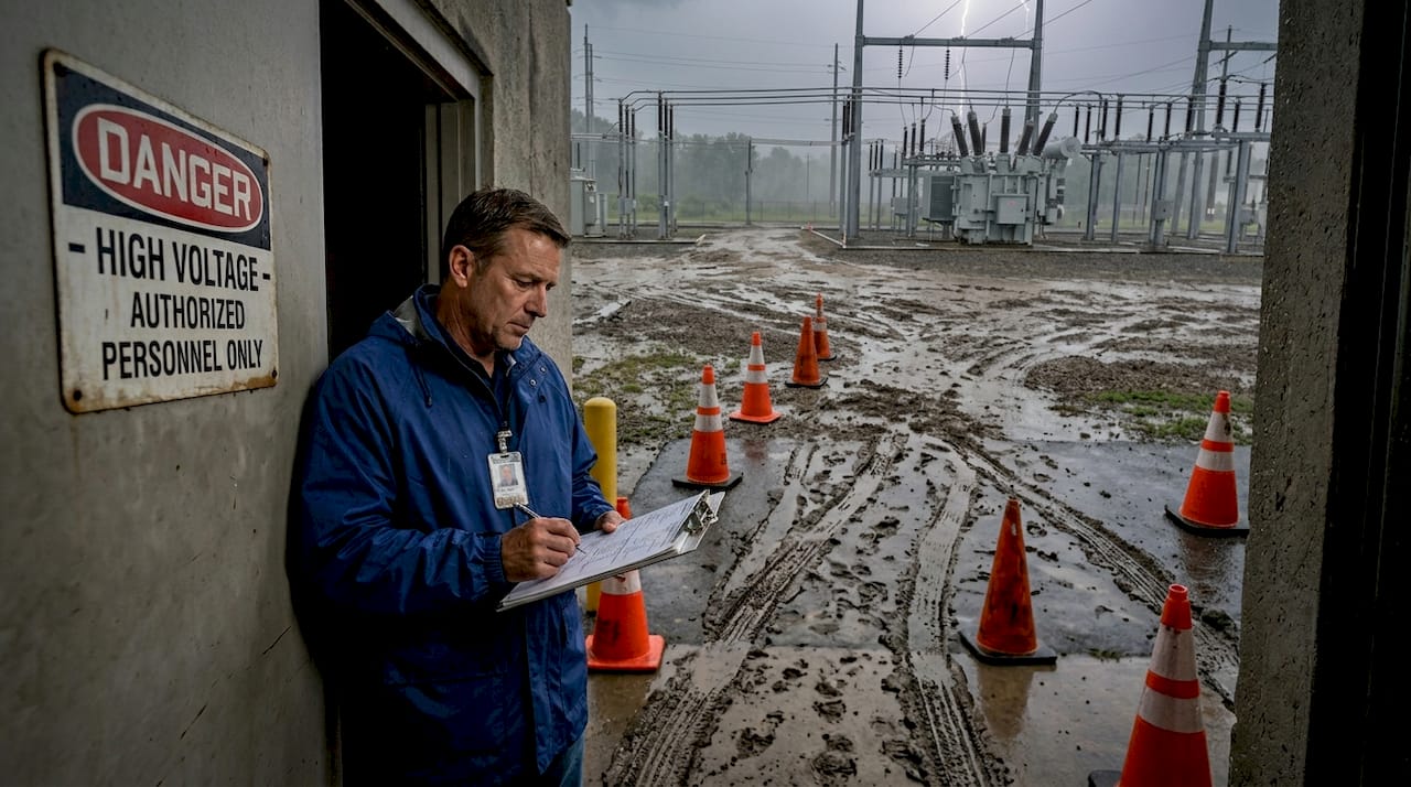 Facility manager outside substation during lightning storm