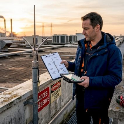Le responsable technique vérifie l’installation de la protection contre la foudre sur le toit du bâtiment.