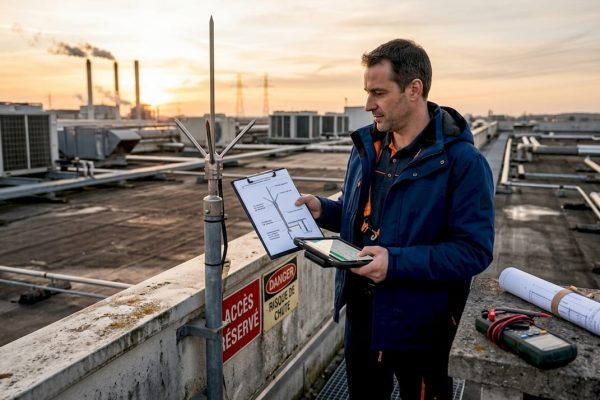 Le responsable technique vérifie l’installation de la protection contre la foudre sur le toit du bâtiment.
