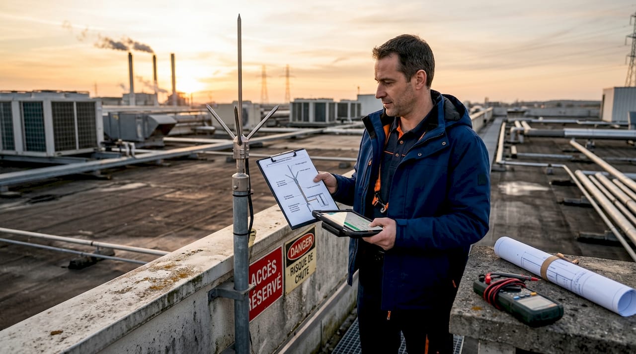 Le responsable technique vérifie l’installation de la protection contre la foudre sur le toit du bâtiment.