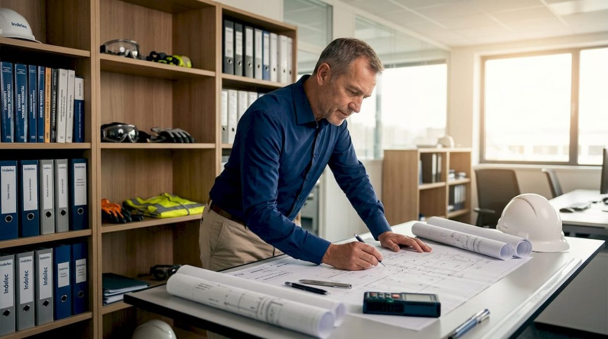 Facility manager reviews lightning protection blueprint