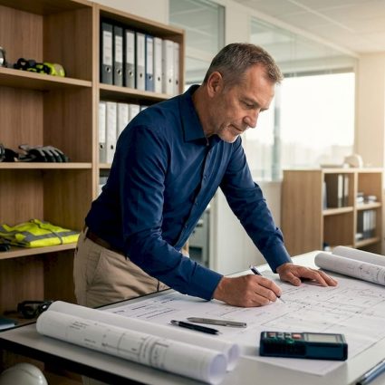 Facility manager reviews lightning protection blueprint