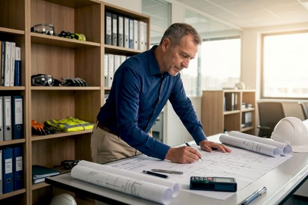 Facility manager reviews lightning protection blueprint