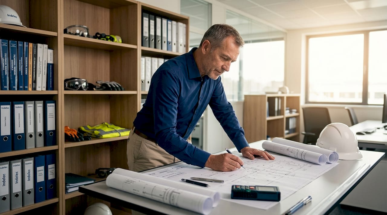 Facility manager reviews lightning protection blueprint