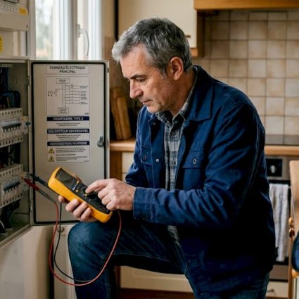 Un technicien procède à la vérification des dispositifs de protection sur un tableau électrique.
