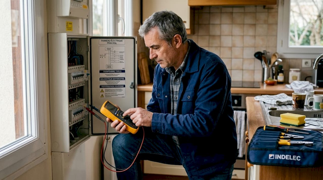 Un technicien procède à la vérification des dispositifs de protection sur un tableau électrique.