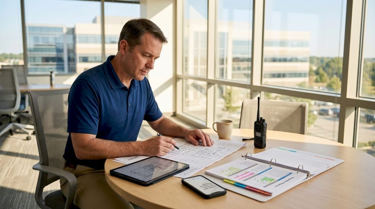 Facility manager reviews facility asset map at desk