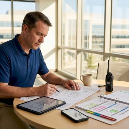 Facility manager reviews facility asset map at desk