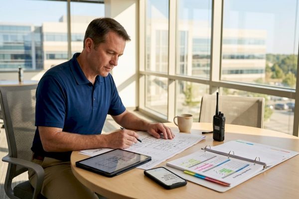 Facility manager reviews facility asset map at desk