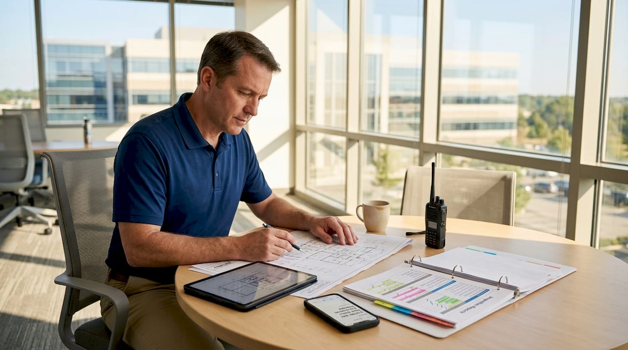 Facility manager reviews facility asset map at desk