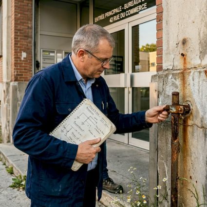 Un ingénieur procède à la vérification du paratonnerre installé à l’extérieur d’un immeuble de bureaux.