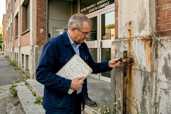 Un ingénieur procède à la vérification du paratonnerre installé à l’extérieur d’un immeuble de bureaux.