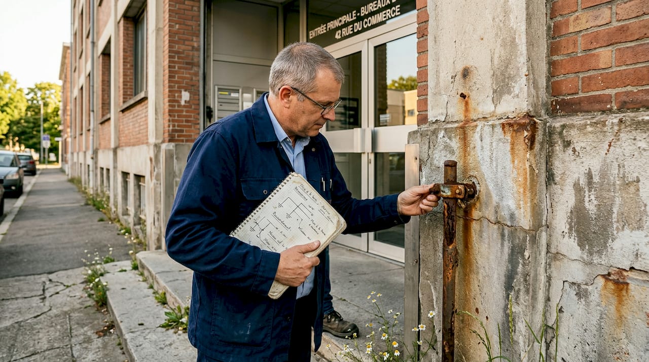 Un ingénieur procède à la vérification du paratonnerre installé à l’extérieur d’un immeuble de bureaux.