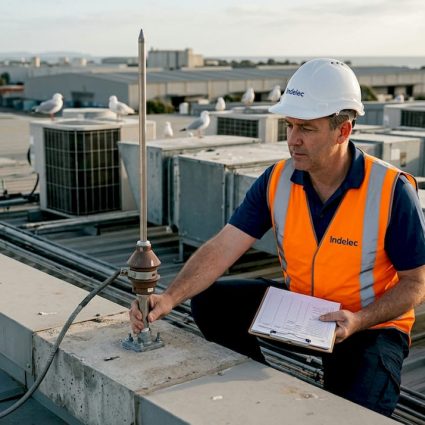 Facility manager inspects rooftop lightning arrester