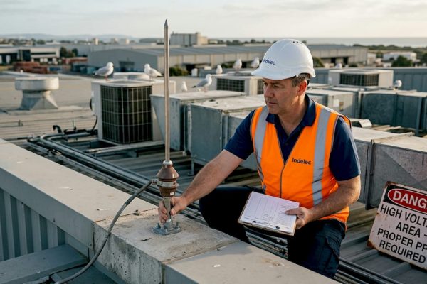 Facility manager inspects rooftop lightning arrester