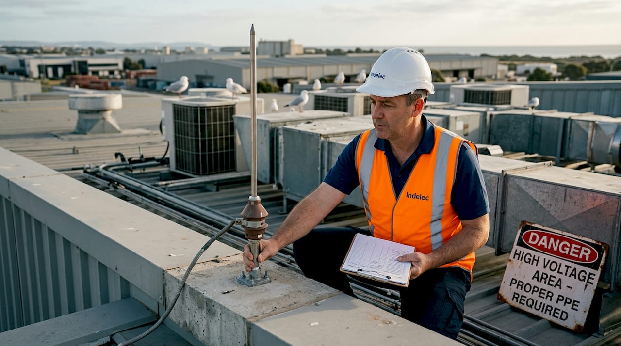Facility manager inspects rooftop lightning arrester