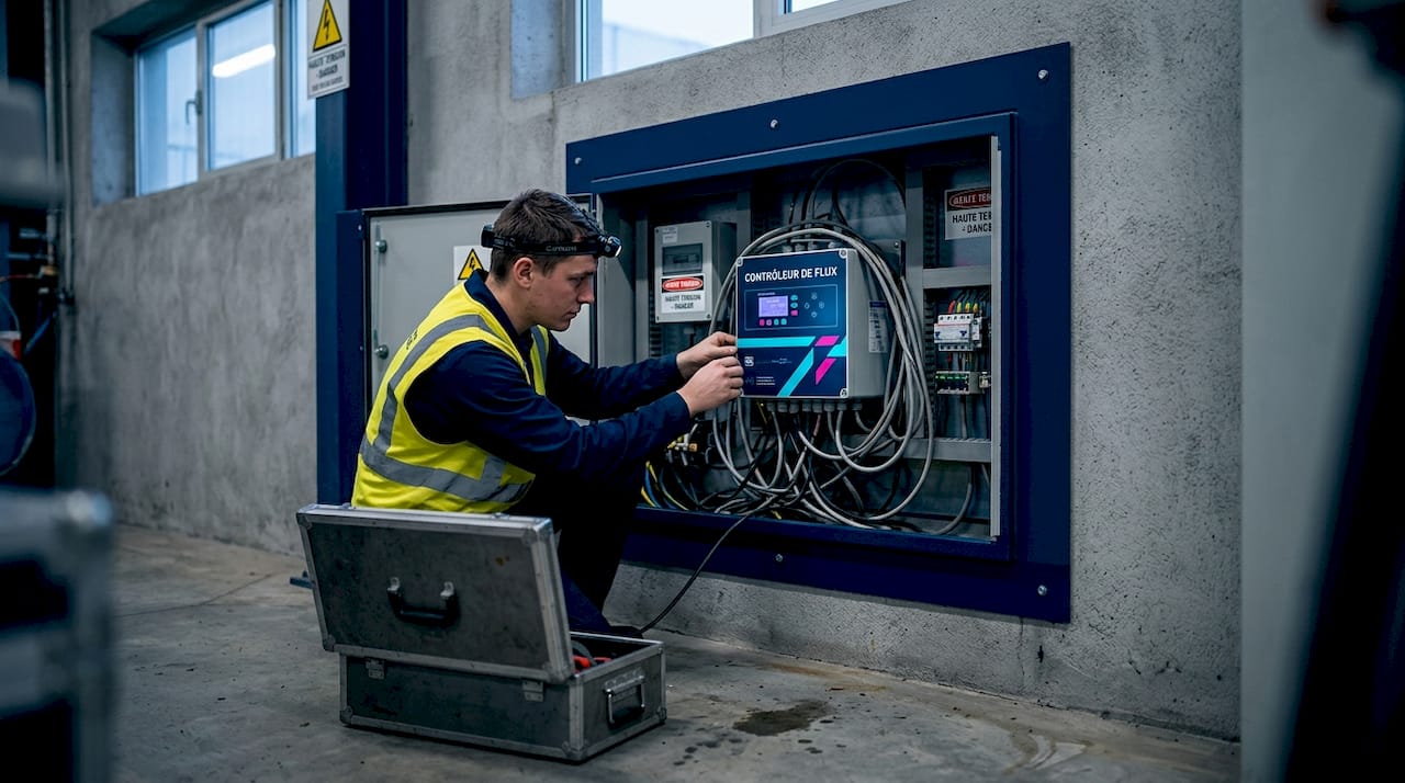 Un technicien procède à la vérification d’un système de protection contre la foudre dans un site industriel.
