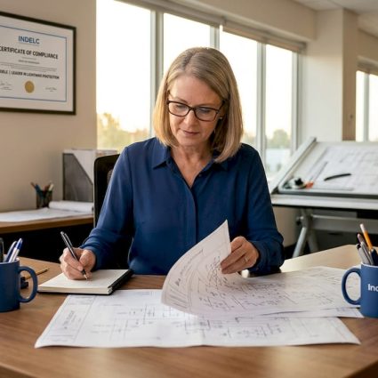 Engineer reviewing protection system blueprints in office