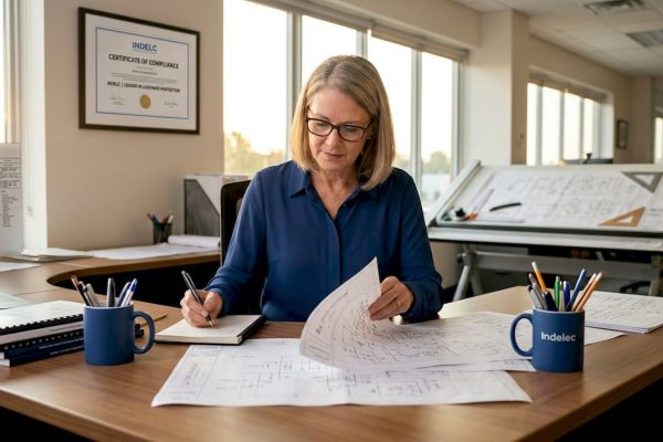 Engineer reviewing protection system blueprints in office