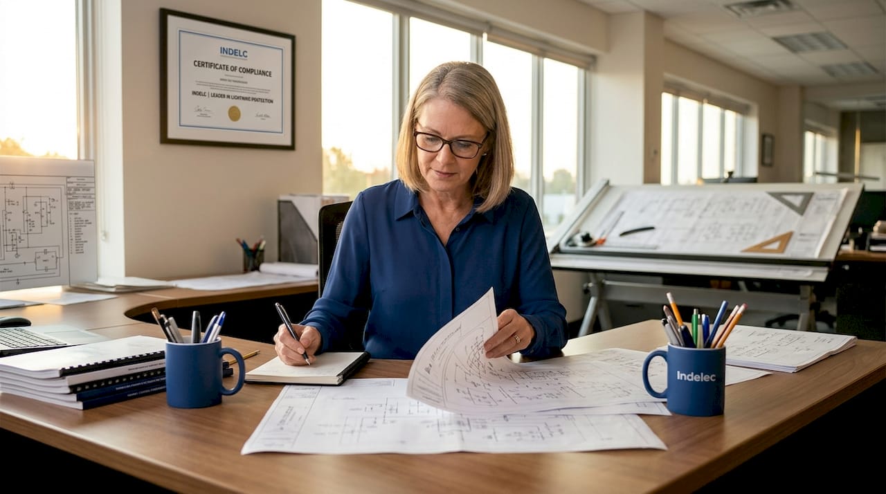 Engineer reviewing protection system blueprints in office