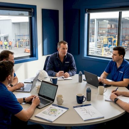 Protection team planning meeting in plant office