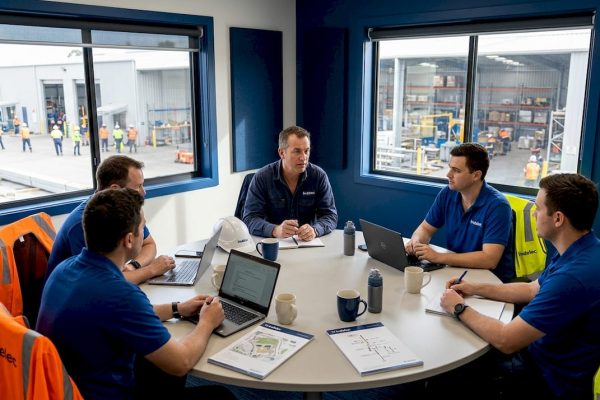 Protection team planning meeting in plant office