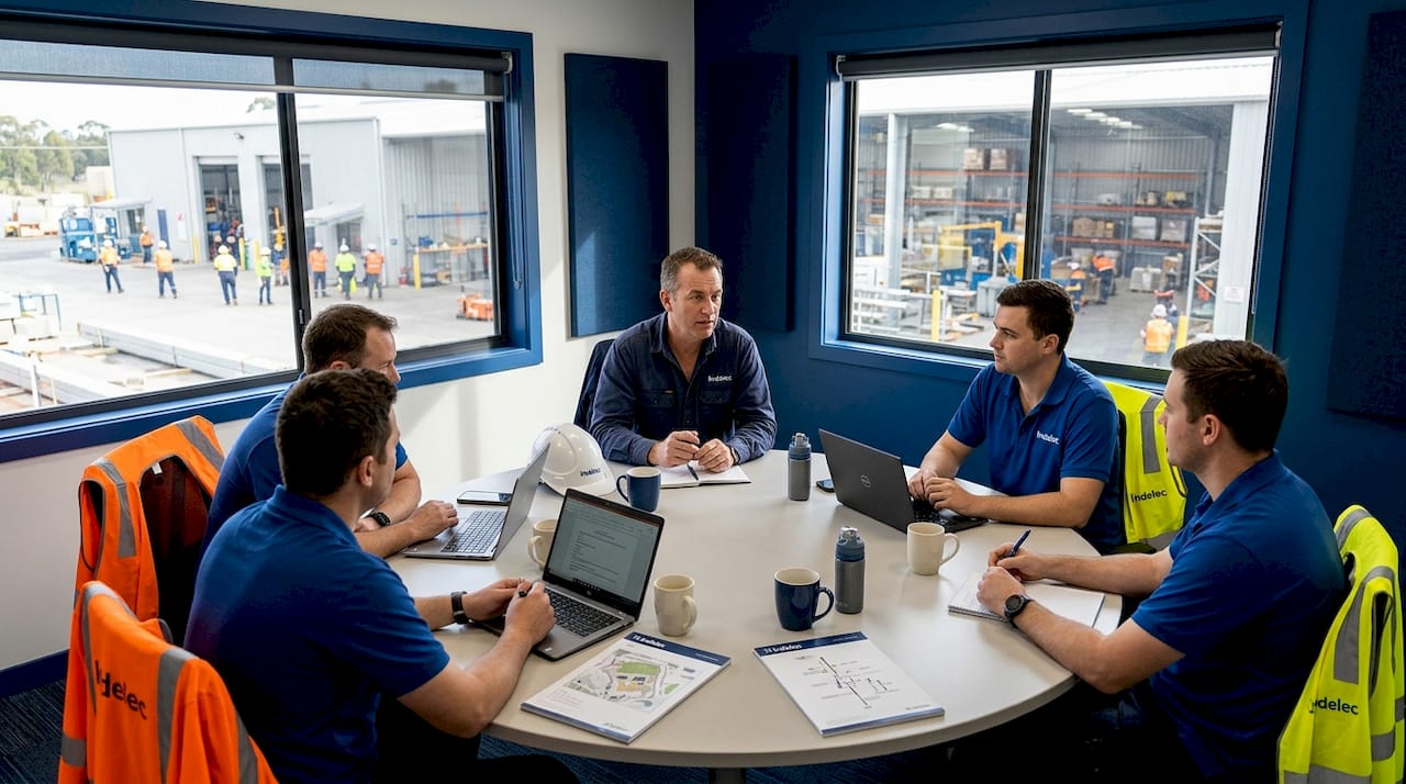Protection team planning meeting in plant office