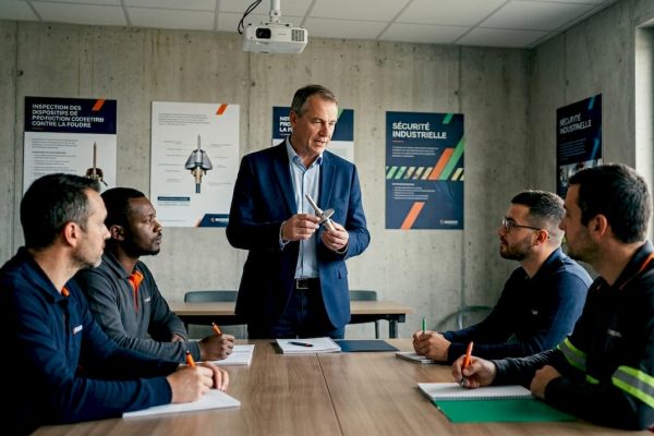 Un formateur présente le fonctionnement d’un dispositif de protection contre la foudre lors d’une démonstration en intérieur.