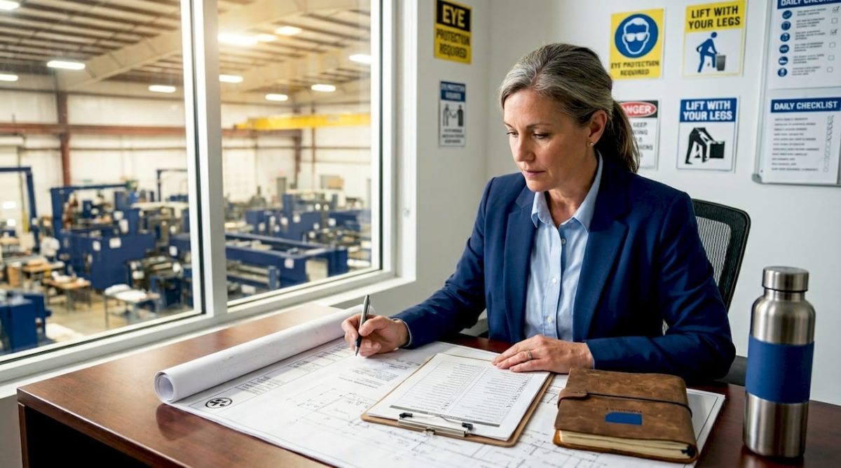 Industrial manager reviewing safety plans at desk