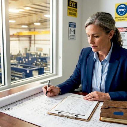 Industrial manager reviewing safety plans at desk