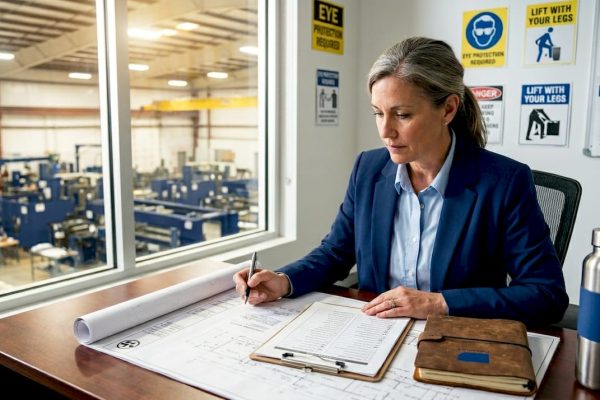 Industrial manager reviewing safety plans at desk