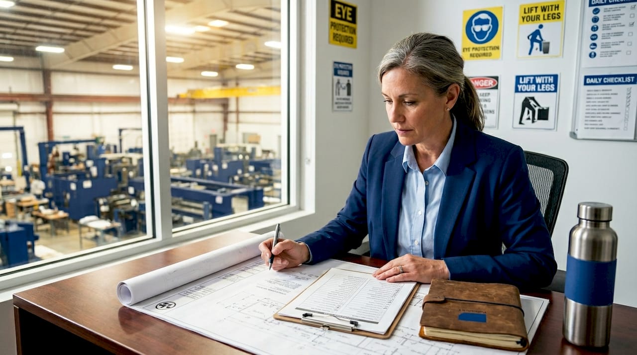 Industrial manager reviewing safety plans at desk