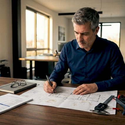 Un ingénieur en train d’analyser des schémas de protection contre la foudre