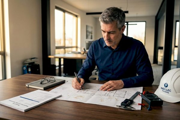 Un ingénieur en train d’analyser des schémas de protection contre la foudre