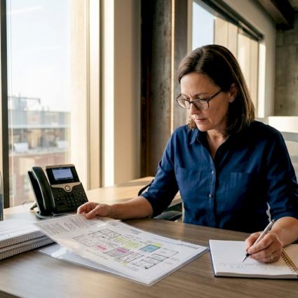 Facility manager reviewing building plans