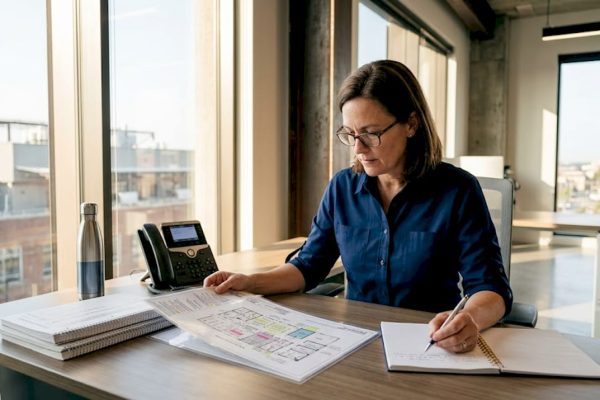 Facility manager reviewing building plans