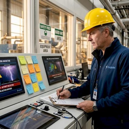 Safety manager monitoring industrial lightning alerts