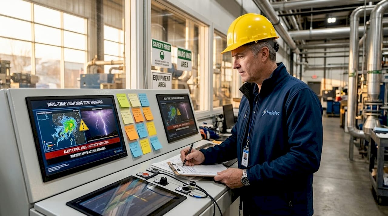 Safety manager monitoring industrial lightning alerts