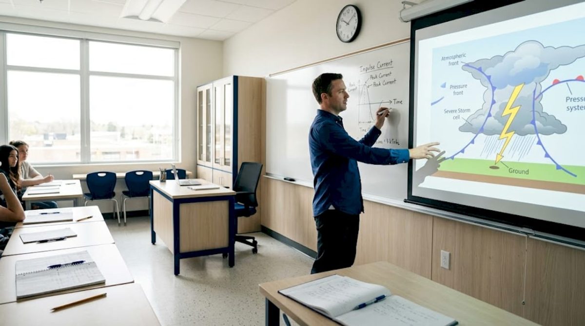 Teacher illustrating lightning induction in classroom