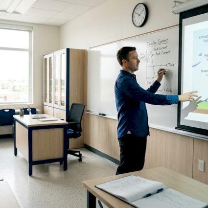 Teacher illustrating lightning induction in classroom