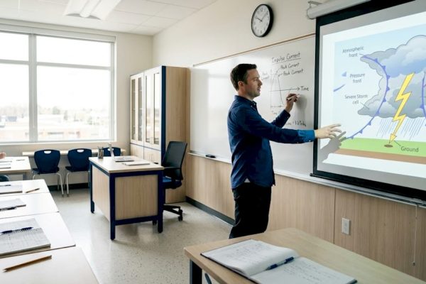 Teacher illustrating lightning induction in classroom