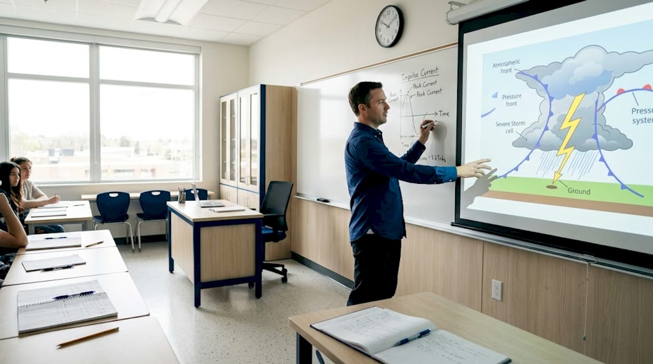 Teacher illustrating lightning induction in classroom