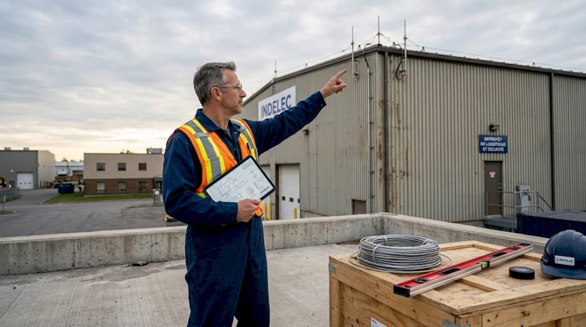 Un ingénieur procède à la vérification d’un paratonnerre sur un site industriel.