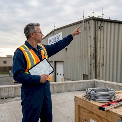 Un ingénieur procède à la vérification d’un paratonnerre sur un site industriel.