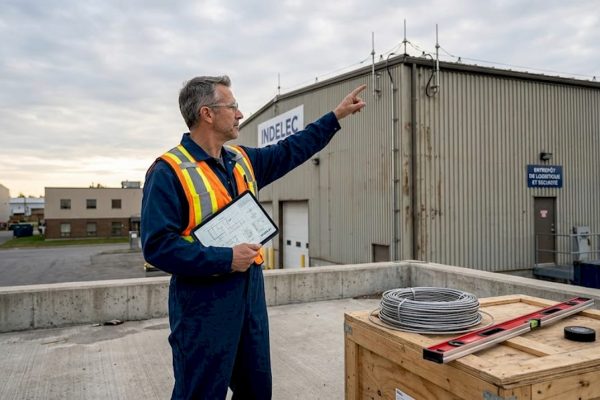Un ingénieur procède à la vérification d’un paratonnerre sur un site industriel.