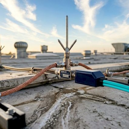 Vue en hauteur d’un bâtiment industriel équipé d’un paratonnerre